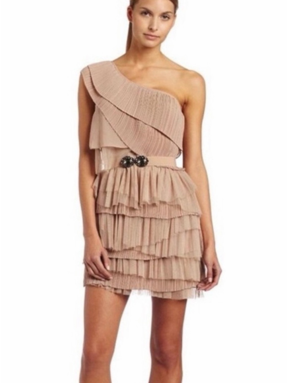 One-Shoulder Layered Ruffle Dress in Beige by BCBGMaxAzria